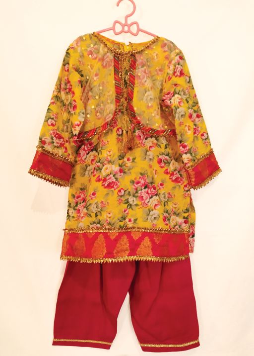 2 Pc Yellow & Gold Koti Shirt with Pink Shalwar (6-7 Y)